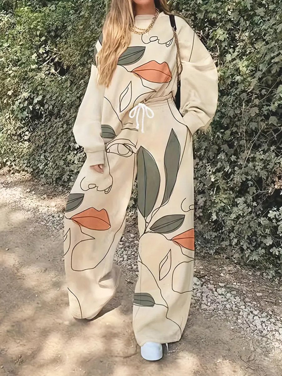 Casual Round Neck Loose Printed Sweat Suit