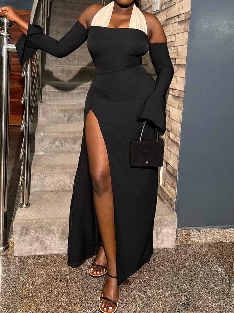 Sexy Halter Neck Long Sleeve Elegant Split Dress