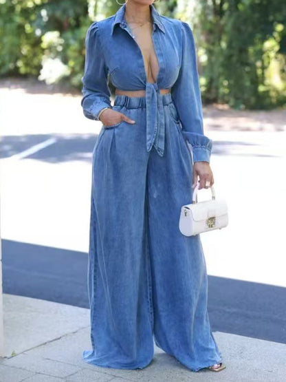 Casual Tie Wide Leg Denim 2pc Set